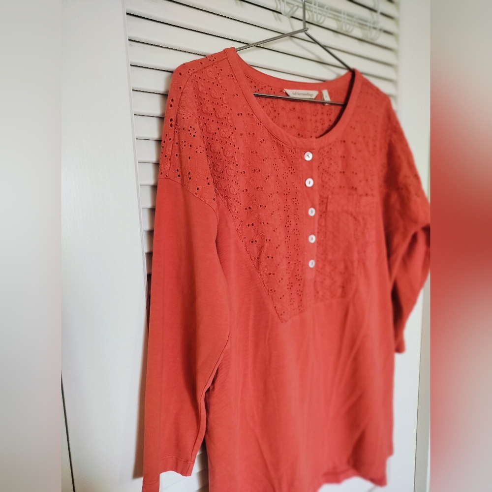 Soft Surroundings S/M/L Orange Eyelet 3/4 Sleeve Cotton Boho Top  Breathable